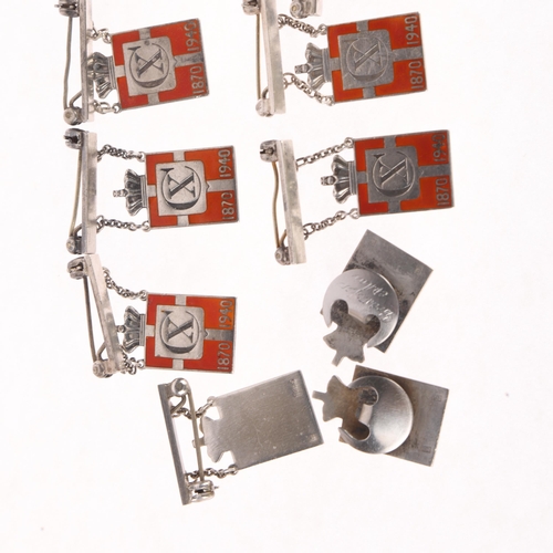 1418 - GEORG JENSEN - 10 Danish sterling silver and red enamel Kingmark badges and brooches, 24mm, 41g tota... 