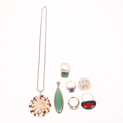 1425 - Various silver jewellery, including shell pendant necklace and ring set, Polish ring, etc, 94.4g gro... 