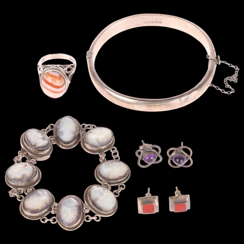 1428 - Various silver jewellery, including mother-of-pearl cameo bracelet, agate ring, etc