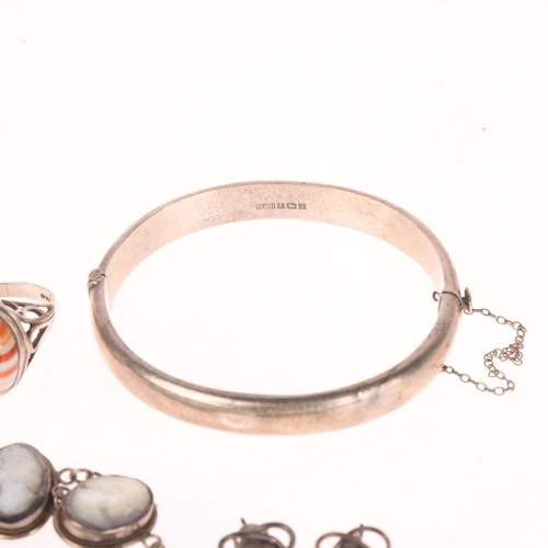 1428 - Various silver jewellery, including mother-of-pearl cameo bracelet, agate ring, etc