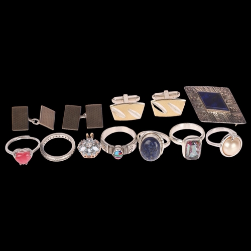 1433 - Various silver jewellery, including Native American Navajo ring, pair of Art Deco cufflinks, etc, 61... 