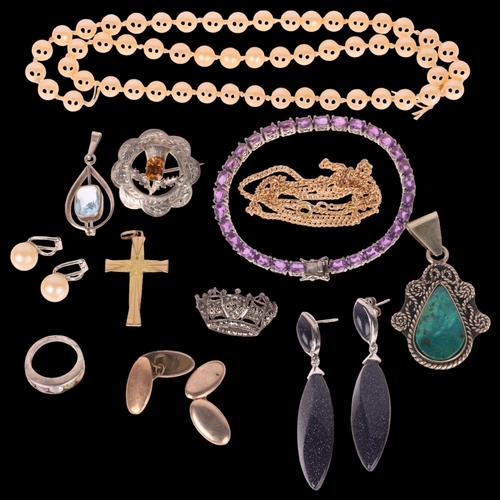 1436 - Various jewellery, including Scottish silver citrine thistle brooch, silver amethyst tennis bracelet... 