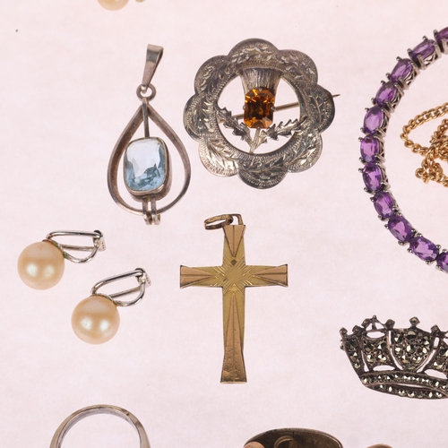 1436 - Various jewellery, including Scottish silver citrine thistle brooch, silver amethyst tennis bracelet... 