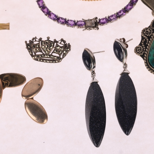 1436 - Various jewellery, including Scottish silver citrine thistle brooch, silver amethyst tennis bracelet... 