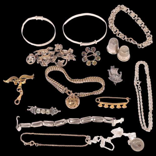 1437 - Various jewellery, including silver christening bangles, paste brooch, etc