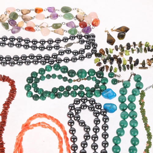 1438 - Various gemstone necklaces, including malachite, coral, hematite, etc