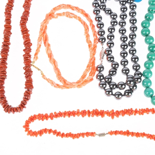 1438 - Various gemstone necklaces, including malachite, coral, hematite, etc