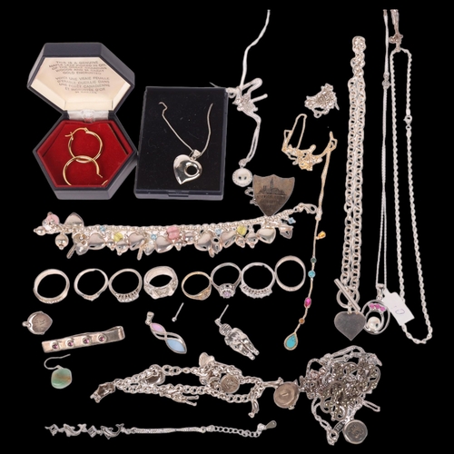 1439 - Various silver jewellery, including heart pendant necklace, hoop earrings, charm bracelet, rings, et... 