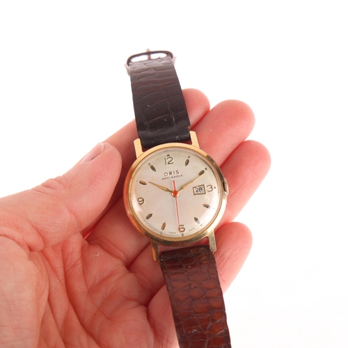 1009 - ORIS - a gold plated stainless steel mechanical calendar wristwatch, circa 1960s, silvered dial with... 