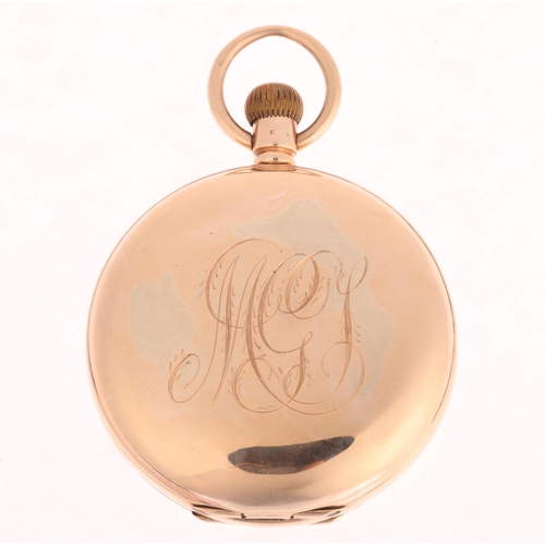 1036 - J W BENSON - a 9ct rose gold full hunter keyless pocket watch, white enamel dial with Roman numeral ... 