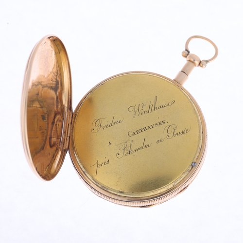 1037 - A 19th century German 18ct gold open-face key-wind quarter repeater pocket watch, by Fredric Winkhau... 