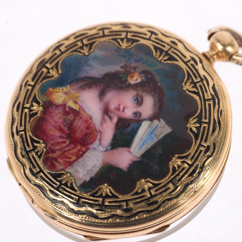 1038 - A 19th century Continental 18ct gold enamel open-face key-wind fob watch, by Eardley & Norton, circa... 