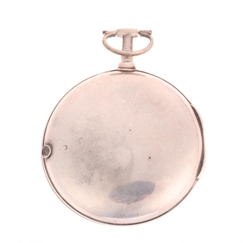 1041 - An early 19th century silver pair-cased open-face key-wind calendar verge pocket watch, white enamel... 