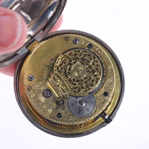 1041 - An early 19th century silver pair-cased open-face key-wind calendar verge pocket watch, white enamel... 