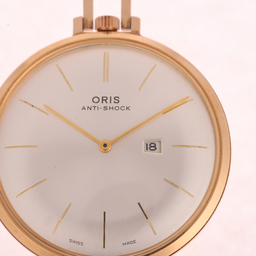 1043 - ORIS - a gold plated slimline open-face keyless pocket watch, silvered dial with gilt baton hour mar... 