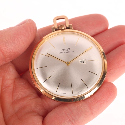 1043 - ORIS - a gold plated slimline open-face keyless pocket watch, silvered dial with gilt baton hour mar... 