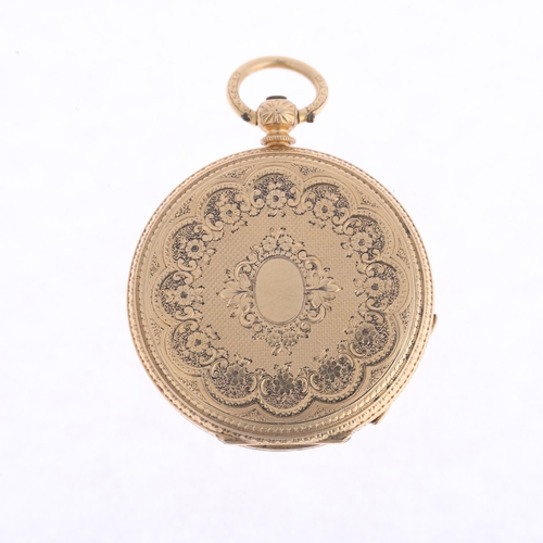 1045 - A Swiss 18ct gold open-face key-wind fob watch, by Baume of Geneve, gilded dial with floral engraved... 