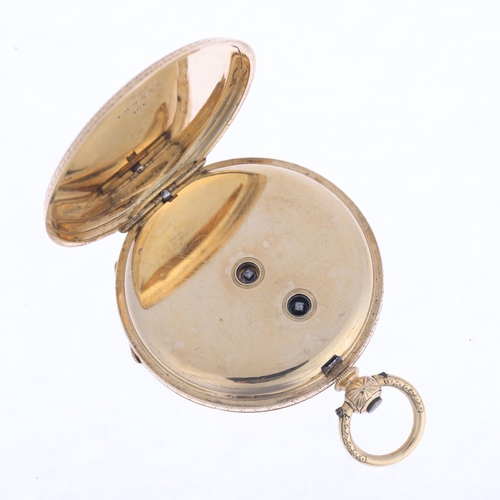 1045 - A Swiss 18ct gold open-face key-wind fob watch, by Baume of Geneve, gilded dial with floral engraved... 