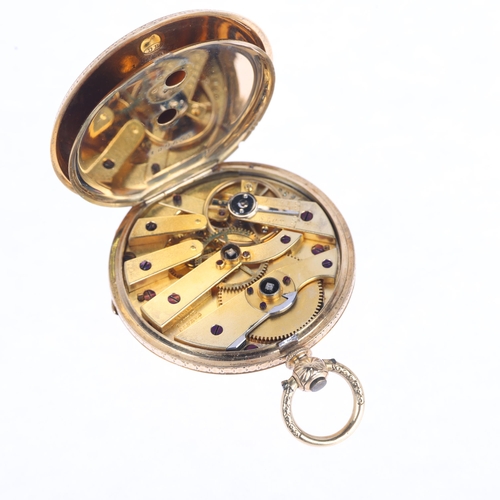 1045 - A Swiss 18ct gold open-face key-wind fob watch, by Baume of Geneve, gilded dial with floral engraved... 