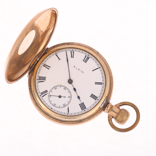 1046 - ELGIN - a gold plated half hunter keyless pocket watch, white enamel dial with Roman numeral hour ma... 