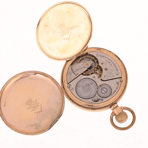 1046 - ELGIN - a gold plated half hunter keyless pocket watch, white enamel dial with Roman numeral hour ma... 