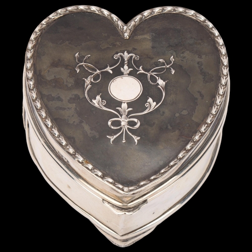 1451 - An Art Nouveau Edwardian silver and tortoiseshell pique inlaid heart dressing table jewel box, Levi ... 