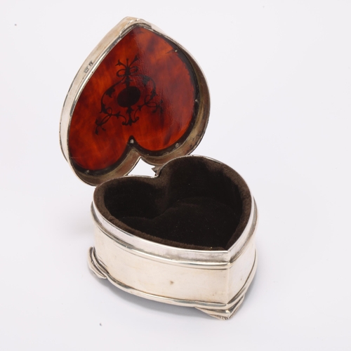 1451 - An Art Nouveau Edwardian silver and tortoiseshell pique inlaid heart dressing table jewel box, Levi ... 