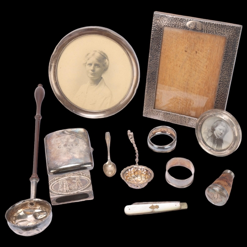 1491 - Various silver, including coin inset toddy ladle, cigarette case, photo frames, etc