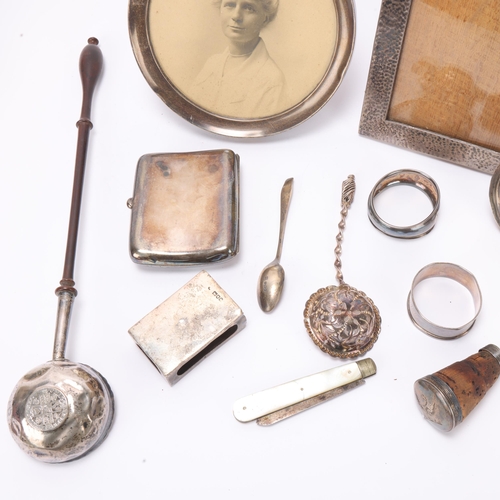 1491 - Various silver, including coin inset toddy ladle, cigarette case, photo frames, etc