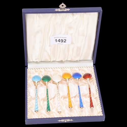 1492 - EGON LAURIDSEN - a set of 6 Danish vermeil sterling silver and harlequin enamel coffee spoons, 9.5cm... 