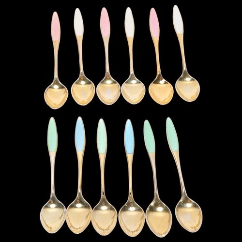 1493 - FRIGAST - a set of 12 Danish vermeil sterling silver and harlequin enamel coffee spoons, 9.5cm