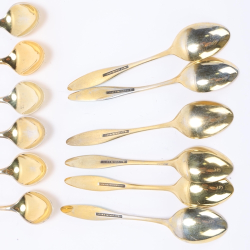 1493 - FRIGAST - a set of 12 Danish vermeil sterling silver and harlequin enamel coffee spoons, 9.5cm