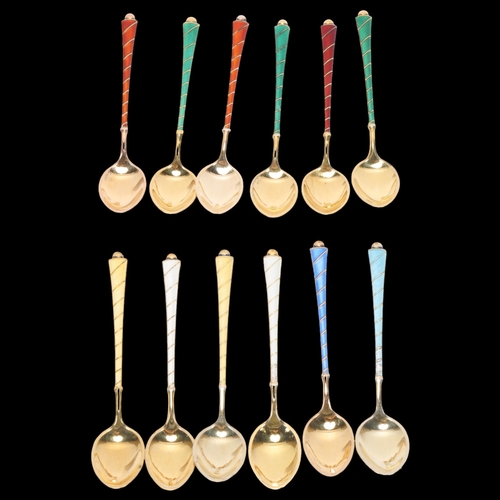 1494 - EGON LAURIDSEN - a set of 12 Danish vermeil sterling silver and harlequin enamel coffee spoons, 9.5c... 