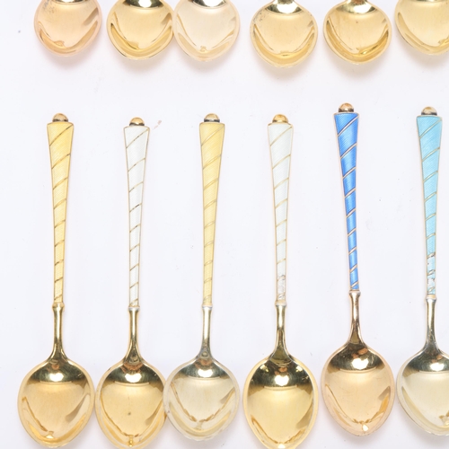 1494 - EGON LAURIDSEN - a set of 12 Danish vermeil sterling silver and harlequin enamel coffee spoons, 9.5c... 