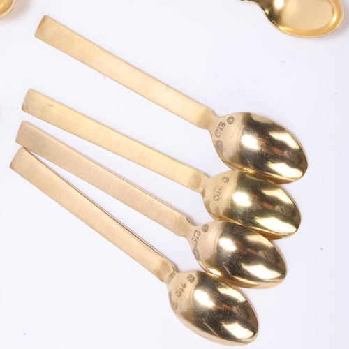 1495 - EVALD J NIELSEN - a set of 18 Danish modernist silver-gilt coffee spoons, 9.5cm, 5.6oz total