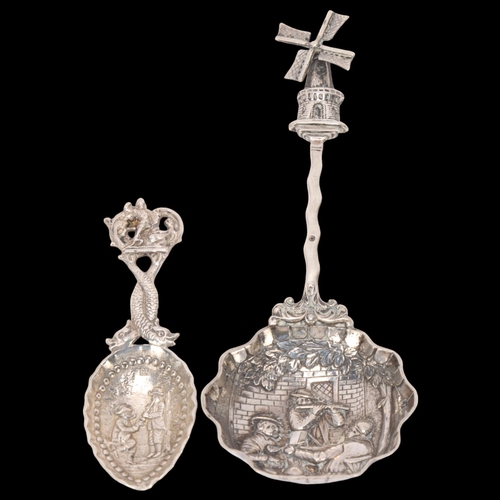 1498 - 2 Antique Continental silver spoons, comprising larger novelty serving spoon with windmill terminal,... 