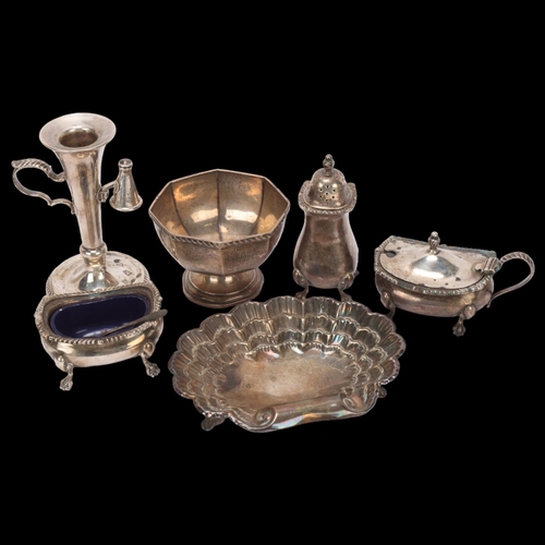 1502 - Various silver, including chamber stick, Mappin & Webb cruet set, dish, etc, 13oz total