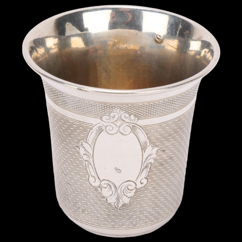 1503 - An Antique French silver beaker, cylindrical form with engine turned decoration and flared rim, 6.5c... 