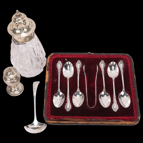 1506 - Various silver, including cut-glass sugar caster, sifter spoon, and cased set of teaspoons, 5.4oz we... 