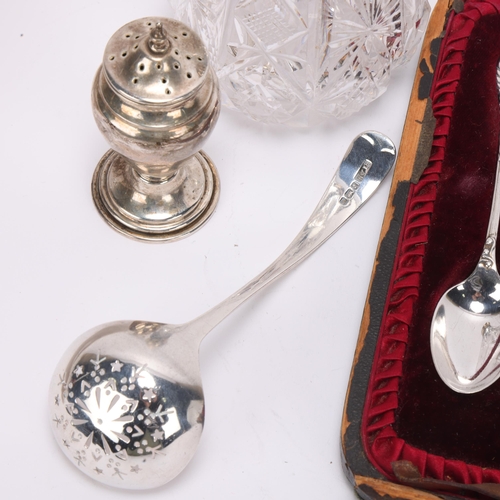 1506 - Various silver, including cut-glass sugar caster, sifter spoon, and cased set of teaspoons, 5.4oz we... 