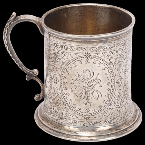 1516 - A Victorian silver christening mug, indistinct maker, London 1867, cylindrical form with engraved fl... 