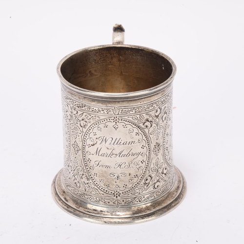 1516 - A Victorian silver christening mug, indistinct maker, London 1867, cylindrical form with engraved fl... 