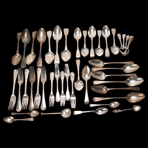 1526 - A quantity of Antique silver flatware, including group of George III and Victorian Fiddle pattern cu... 