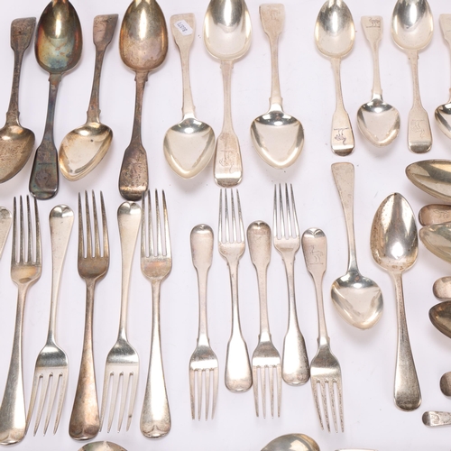 1526 - A quantity of Antique silver flatware, including group of George III and Victorian Fiddle pattern cu... 