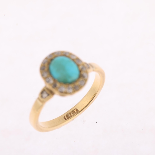 1100 - A Victorian 18ct gold turquoise and diamond oval cluster ring, set with oval cabochon turquoise surr... 