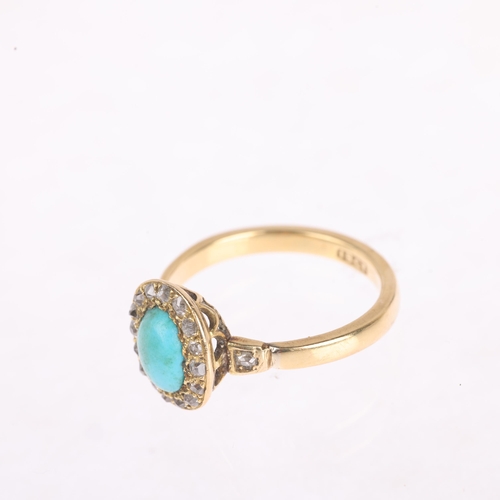 1100 - A Victorian 18ct gold turquoise and diamond oval cluster ring, set with oval cabochon turquoise surr... 