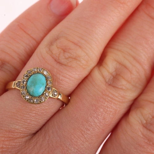 1100 - A Victorian 18ct gold turquoise and diamond oval cluster ring, set with oval cabochon turquoise surr... 