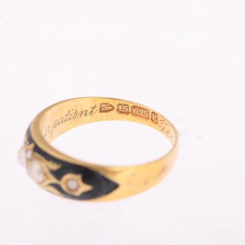 1104 - A 19th century 15ct gold split pearl and black enamel mourning ring, maker WGM, Chester 1893, with i... 