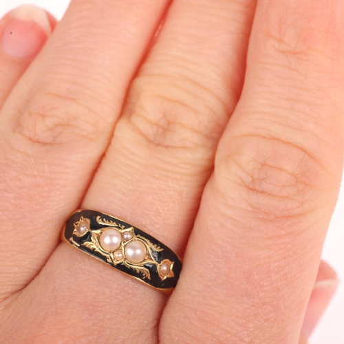 1104 - A 19th century 15ct gold split pearl and black enamel mourning ring, maker WGM, Chester 1893, with i... 