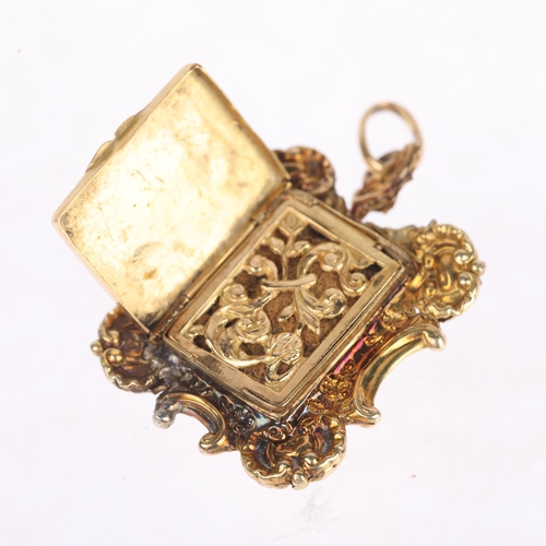 1107 - An Antique 19th century 18ct gold vinaigrette pendant, the hinged cover with engine turned decoratio... 